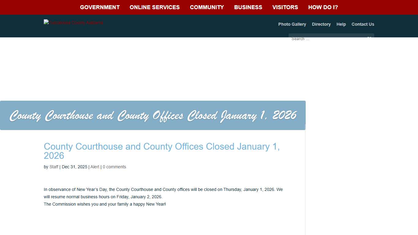County Courthouse and County Offices Closed January 1, 2026 - Tuscaloosa County Alabama