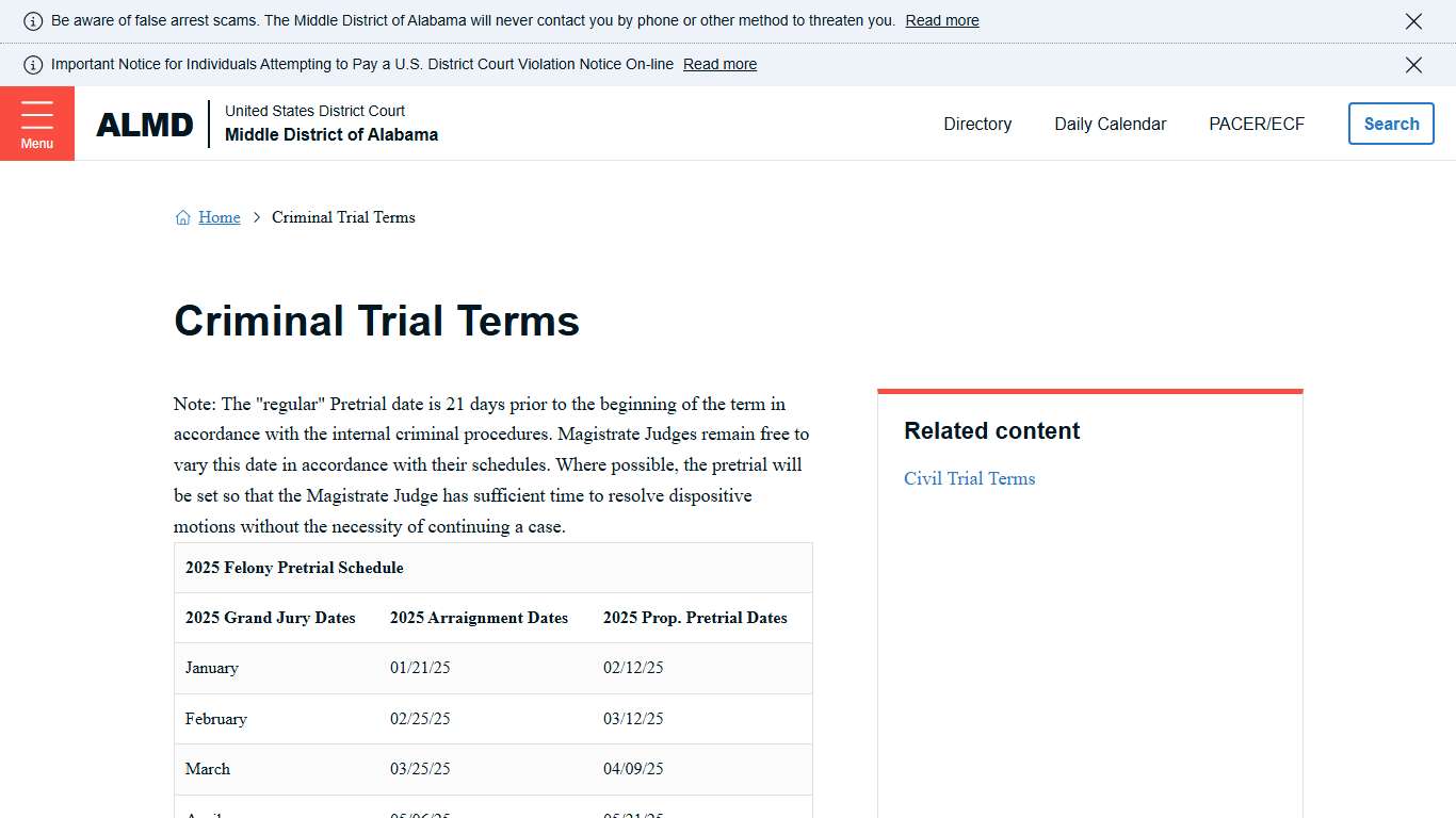 Criminal Trial Terms | United States District Court