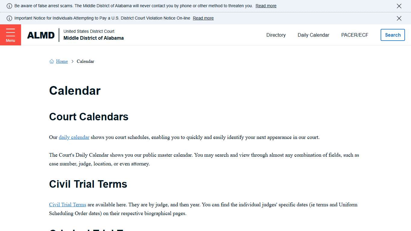Calendar | United States District Court